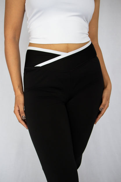 Sculpting Contrast Trim Wrap High Waisted Flared Pant - Shadow Black And Buttermilk